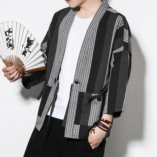 Chinese Style Summer Men's Striped Cotton Linen Vintage Cardigan