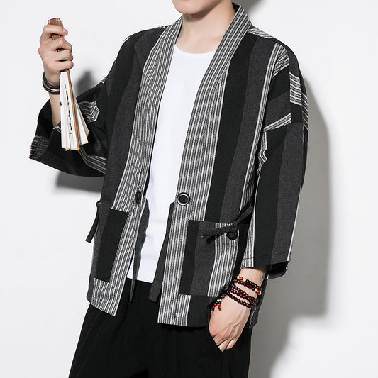 Chinese Style Summer Men's Striped Cotton Linen Vintage Cardigan