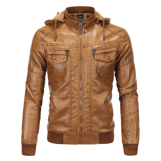 Fleece Warm Leather Jacket With Hooded Leather Jacket