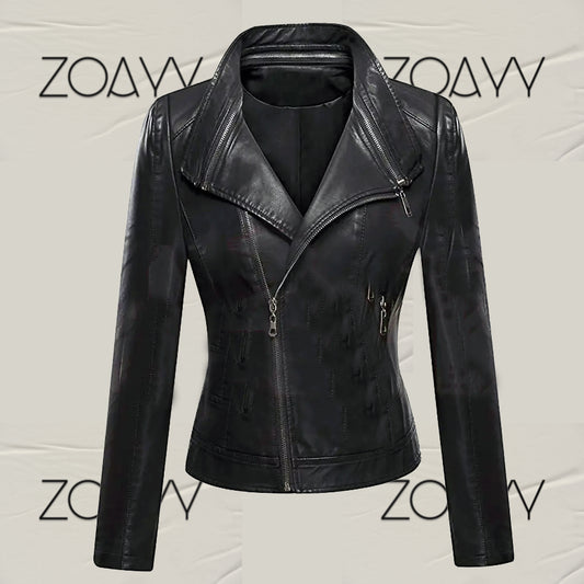 Women's High Quality Fashion Standard Genuine Leather Jacket Black