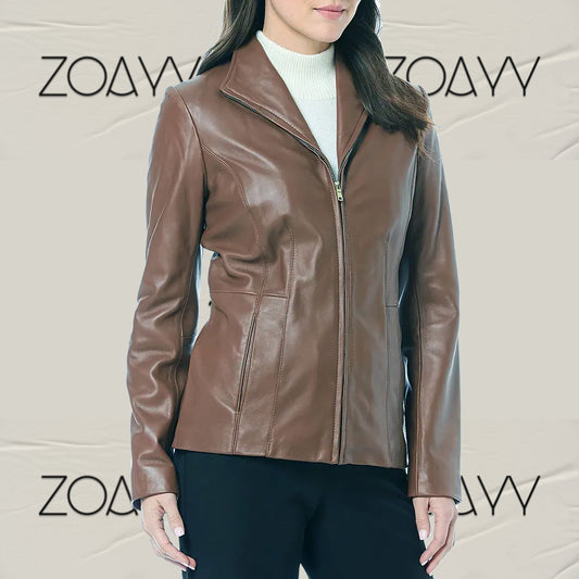 Women's New Arrivals Long Genuine Leather Jacket Chocolate Color