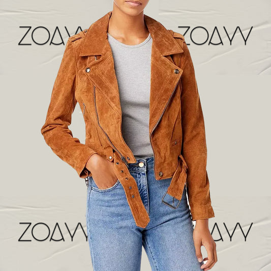 Women's Genuine Suede Leather High Quality Fashion Jackets Brown