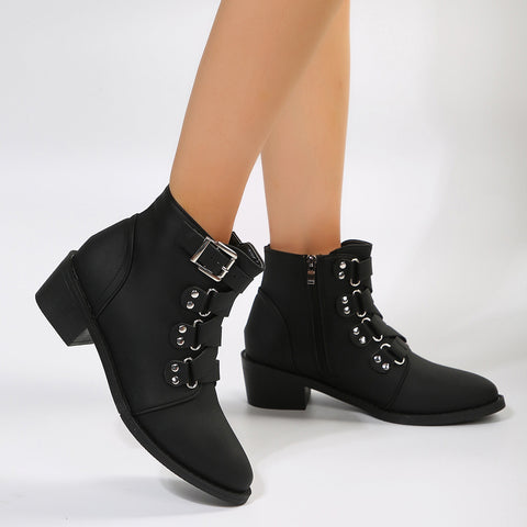 Women Ankle Boots With Side Zipper And Belt Buckle Knight Boot Winter Square Heel Pointed Toe Shoes