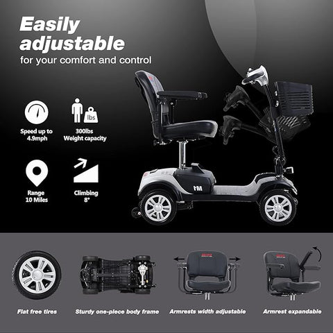 4 Wheel Mobility Scooter For Seniors Compact Heavy Duty Mobile Powered Mobility Scooters Electric Powered Wheelchair Device For Travel Adults Elderly