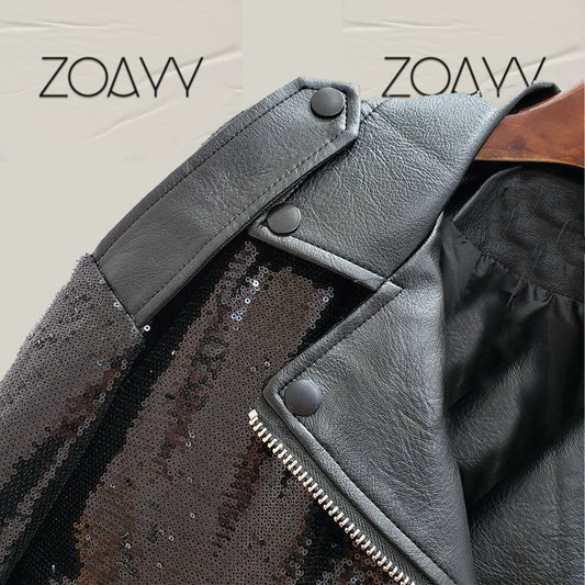 Women's Genuine Leather Cool Sequin Jacket Black