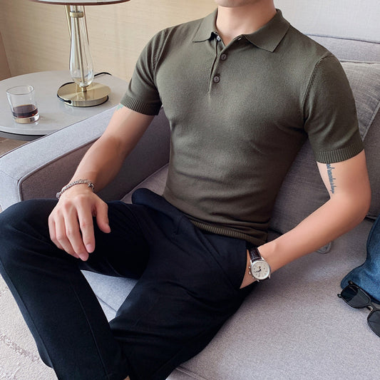 Summer Slim-fit Lapel Knitted Men's Ice Silk Solid Color T-shirt