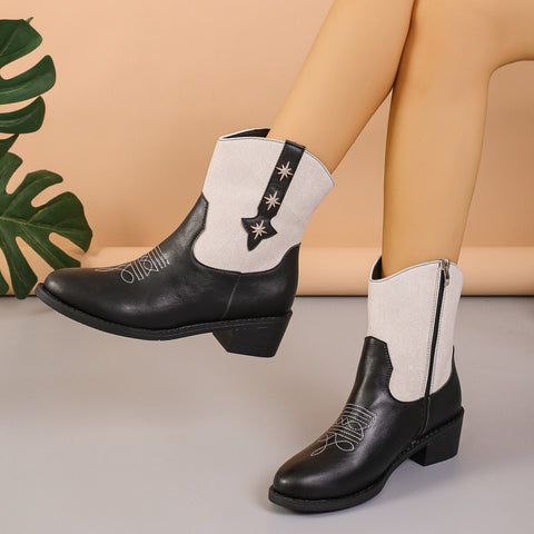 Denim Patchwork Western Cowboy Boots Women Autumn And Winter Retro Chelsea Boots Pointed Toe Mid-calf Square Heel Shoes