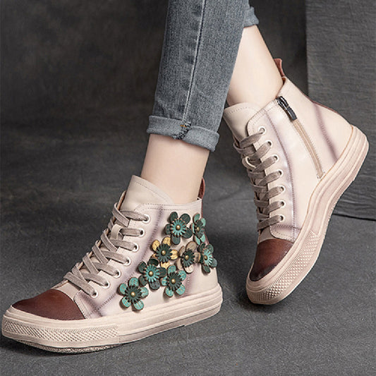 Women's Contrast Flower Square Head High-top Shoes