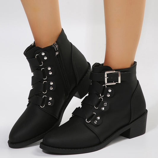 Women Ankle Boots With Side Zipper And Belt Buckle Knight Boot Winter Square Heel Pointed Toe Shoes