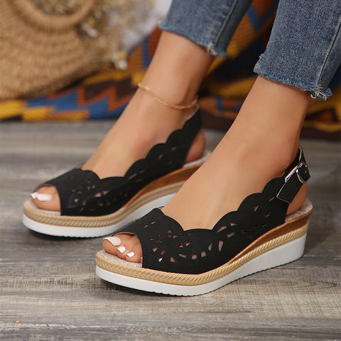 Fish-mouth Wedge Sandals Summer Thick-soled Hollow Buckle Roman Shoes For Women