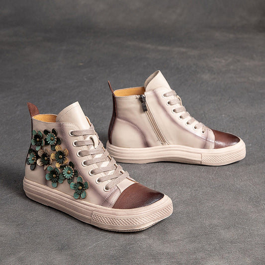Women's Contrast Flower Square Head High-top Shoes