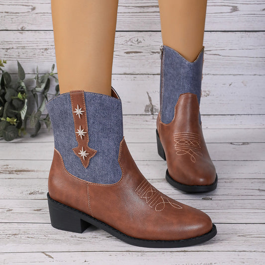 Denim Patchwork Western Cowboy Boots Women Autumn And Winter Retro Chelsea Boots Pointed Toe Mid-calf Square Heel Shoes