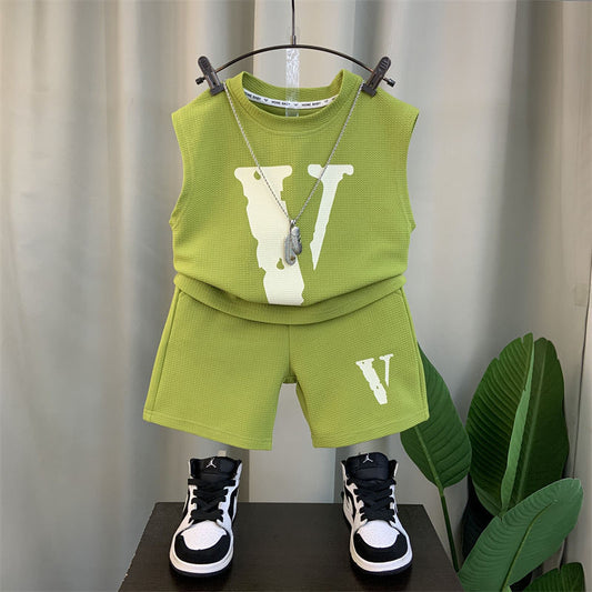 Boys' New Fashionable Summer Clothing Sleeveless Gym Clothes Pu Shuai Two-piece Suit