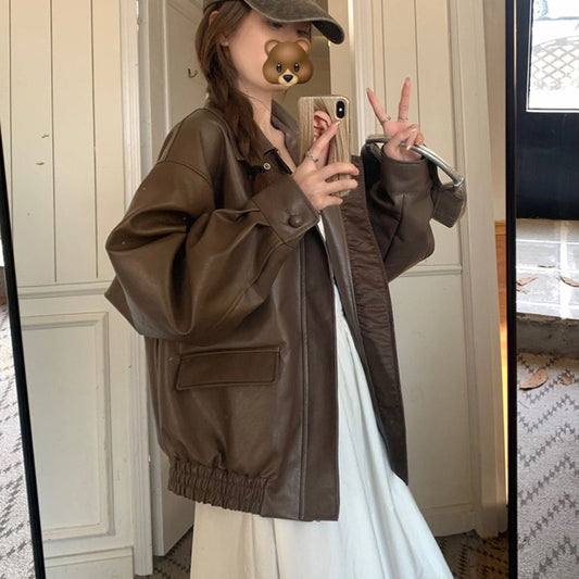 Vintage Coffee Color Leather Coat Women Loose