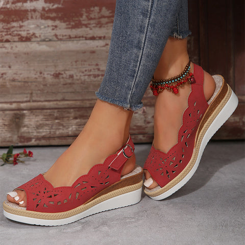 Fish-mouth Wedge Sandals Summer Thick-soled Hollow Buckle Roman Shoes For Women