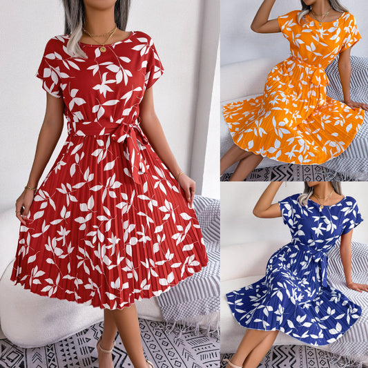 Spring And Summer Leisure Leaves Short Sleeve Pleated Dress
