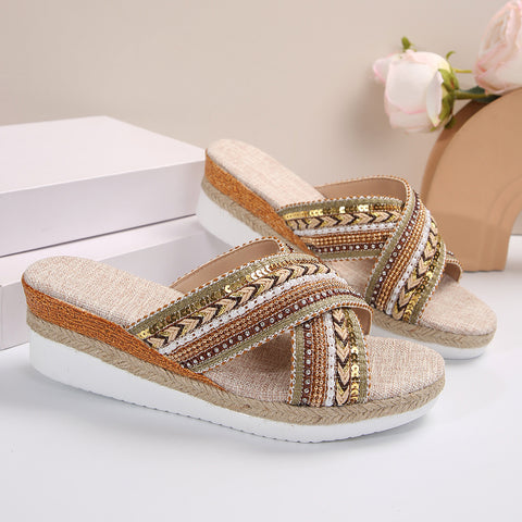Linen Wedge Sandals Summer Ethnic Style Cross-strap Sandals For Women Non-slip Slides Beach Shoes
