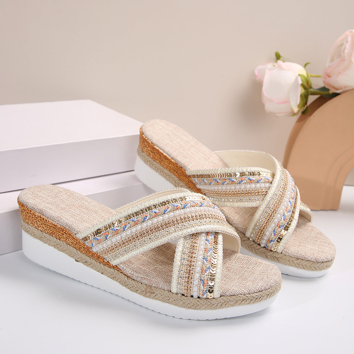 Linen Wedge Sandals Summer Ethnic Style Cross-strap Sandals For Women Non-slip Slides Beach Shoes